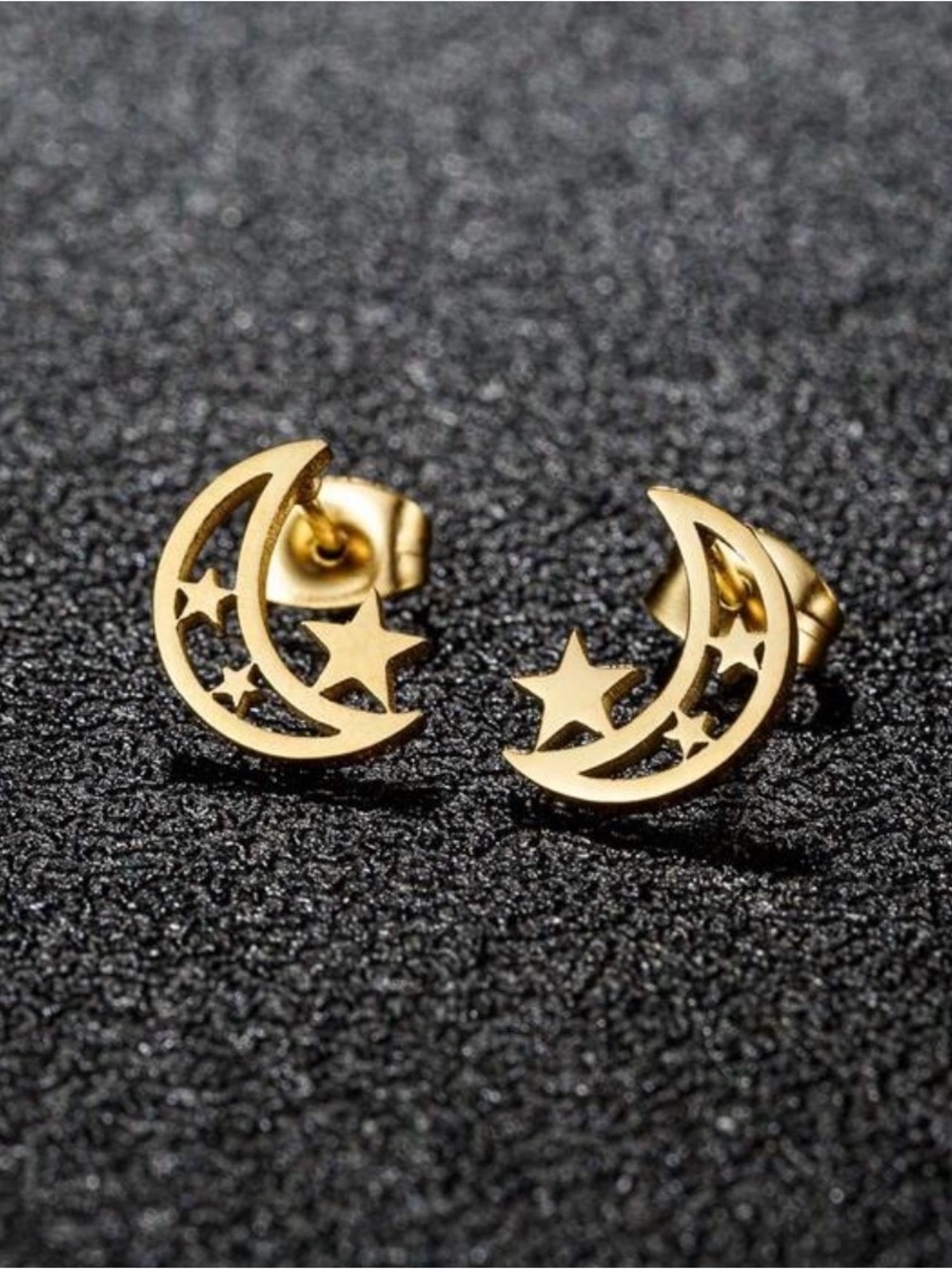 Gold plated stainless steel moon & star stud earrings
